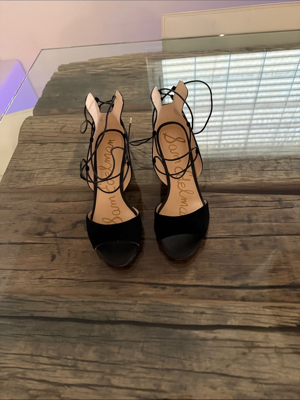 Sam Edelman Black Suede Lace-Up Open-Toe Heels